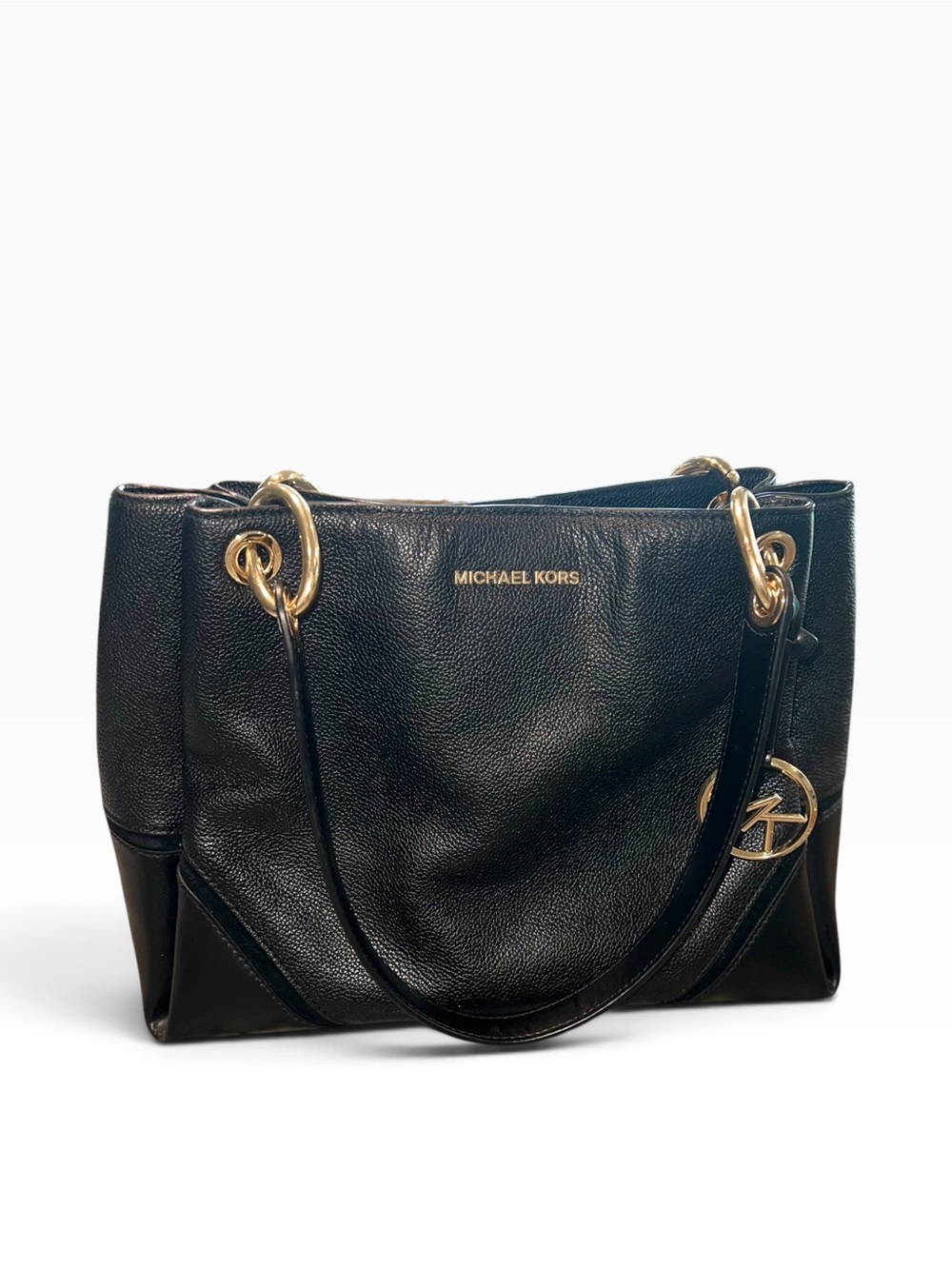Michael Kors Black Leather Tote Shoulder Bag Gold Hardware MK Charm - Picture 2 of 14